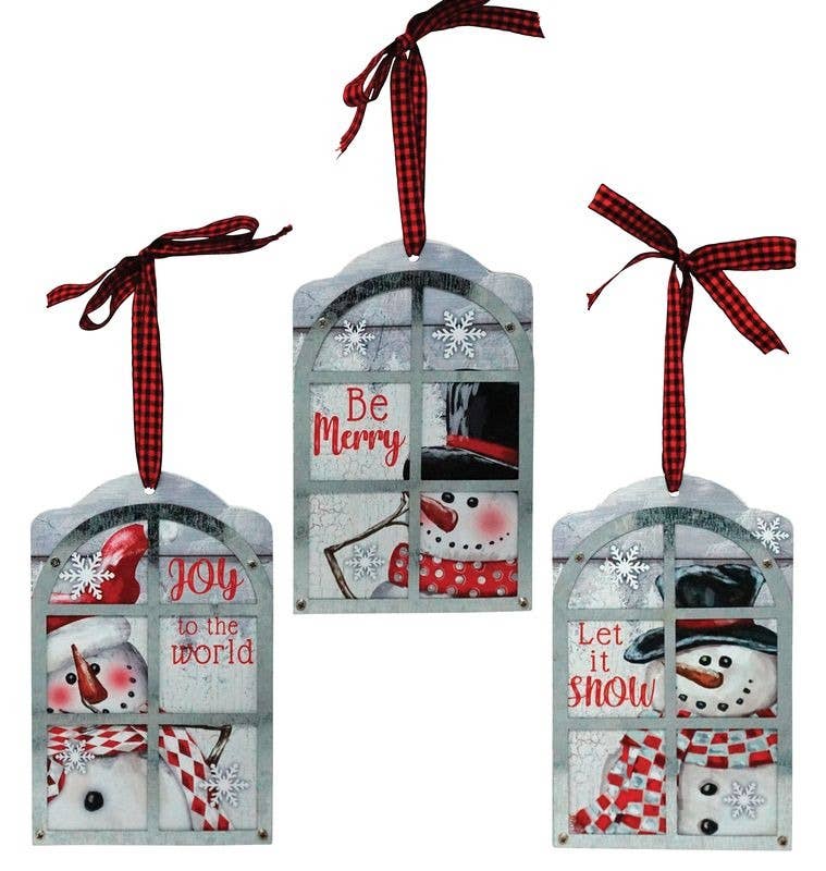 Bright Ideas Christmas Collection - 3 Asst Wood/Galvanized Snowman Window Pane Ornament