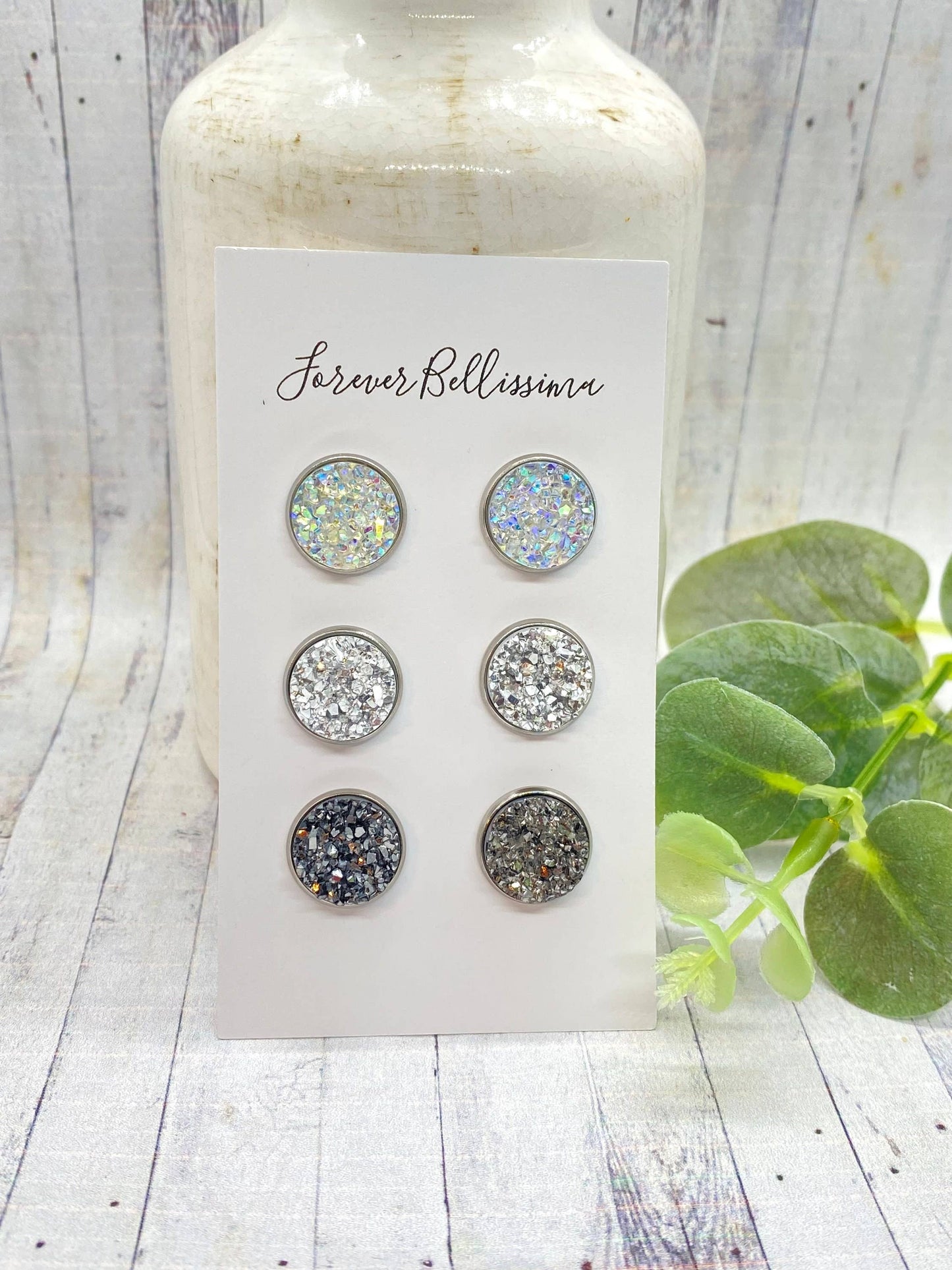 Forever Bellissima - Druzy Stud Trio Set | Silver Rush Druzy Stud Set | Druzy Earring Set | Faux Druzy Studs | Set of 3 Stud Earrings | Silver Stud Set
