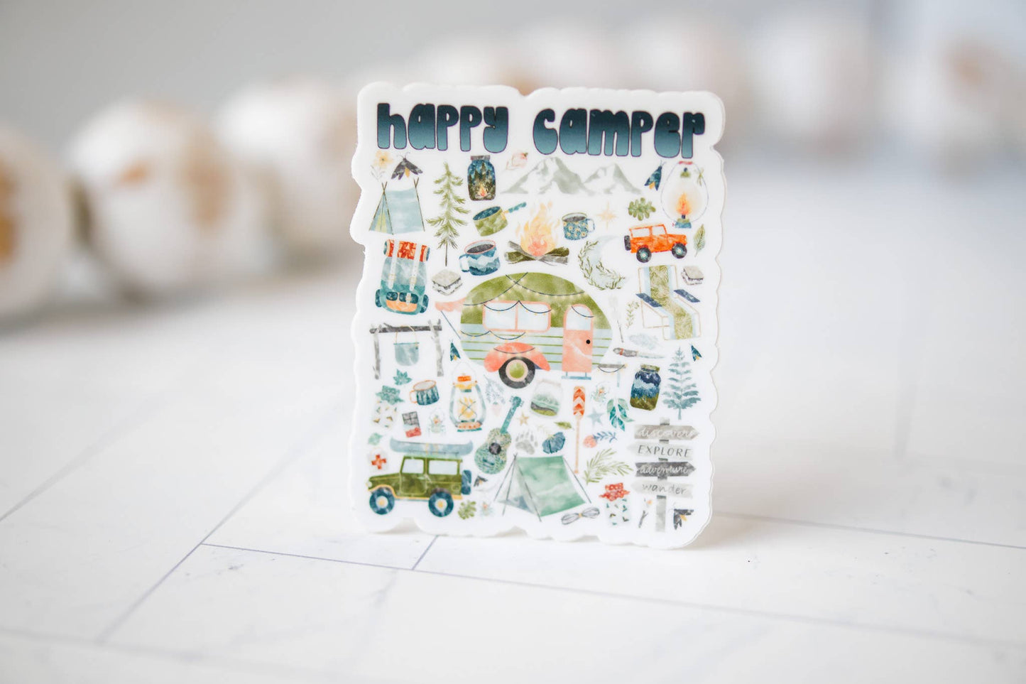 Savannah and James Co - Happy Camper, Travel, Vinyl Sticker, 3x3 in.