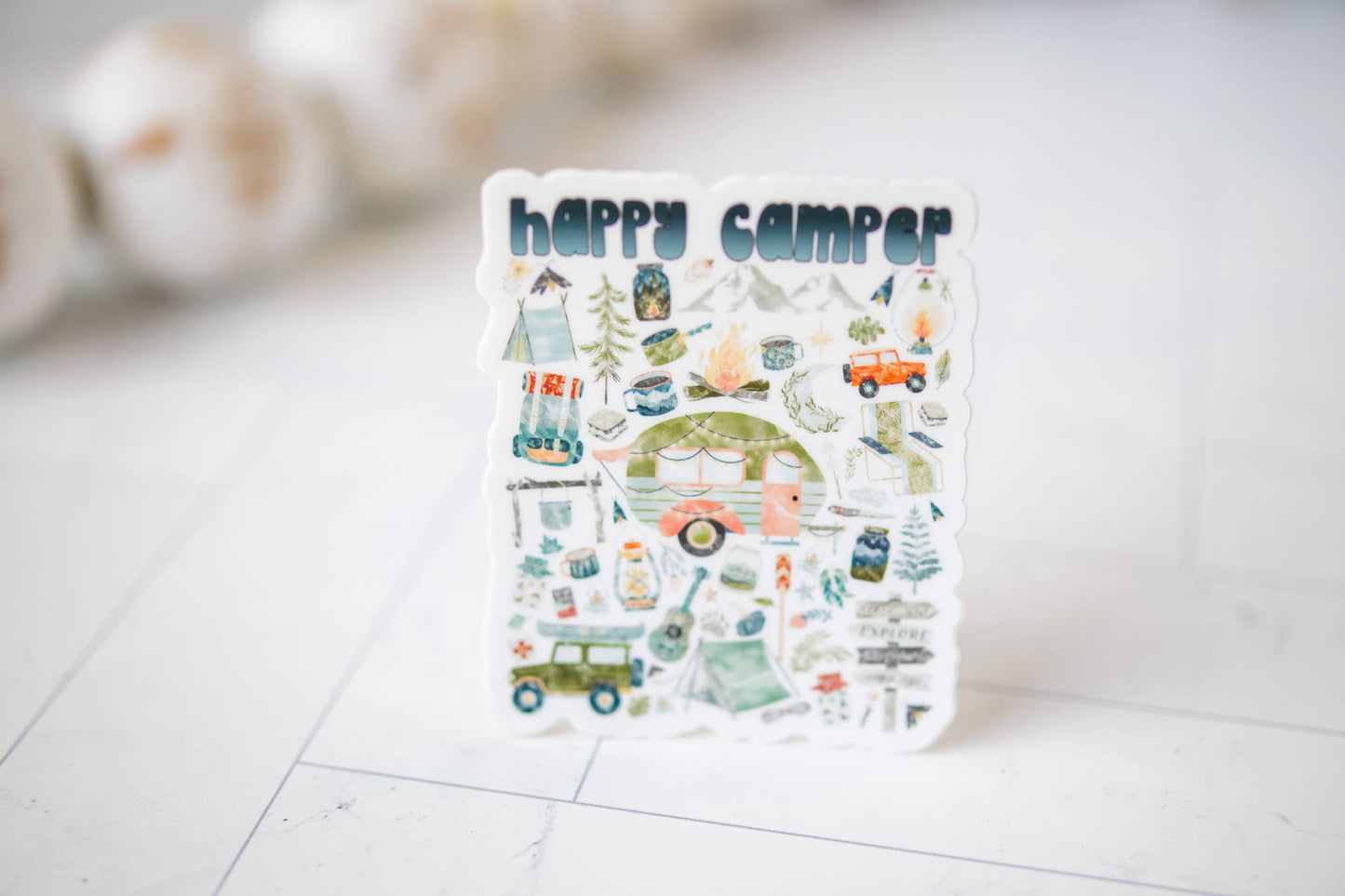 Savannah and James Co - Happy Camper, Travel, Vinyl Sticker, 3x3 in.