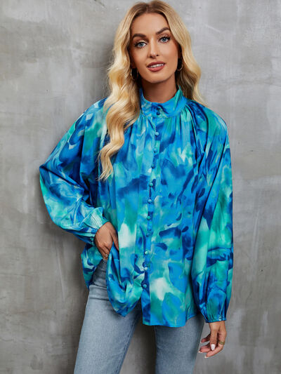 Printed Mock Neck Balloon Sleeve Shirt