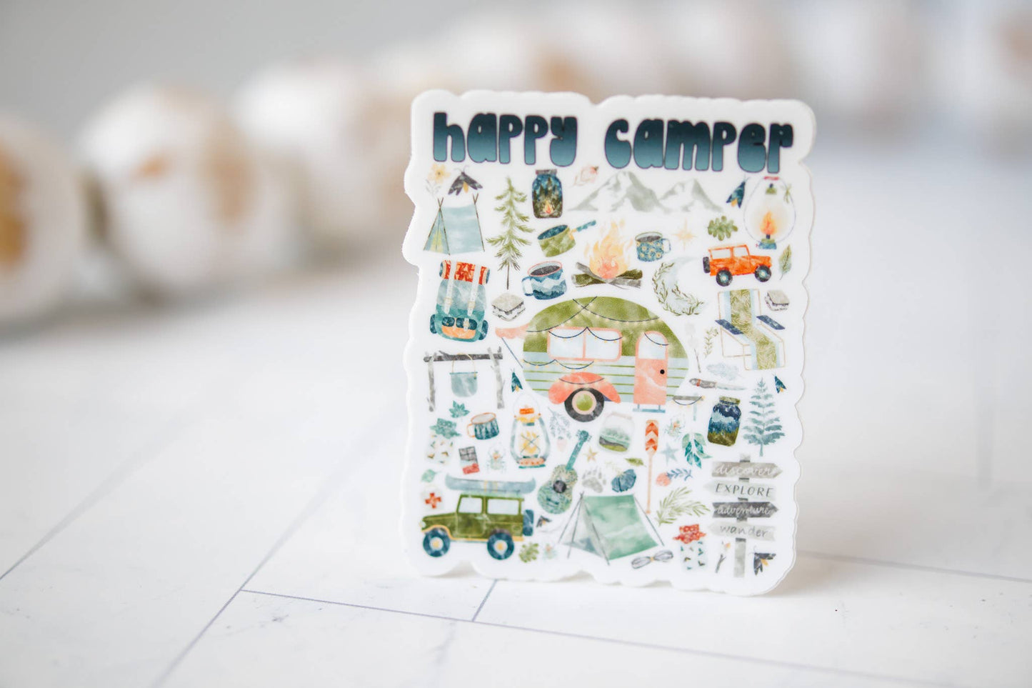 Savannah and James Co - Happy Camper, Travel, Vinyl Sticker, 3x3 in.