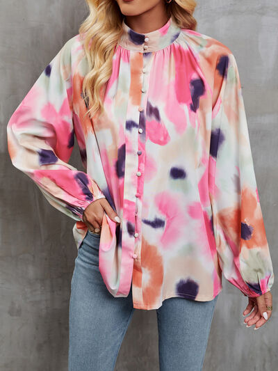 Printed Mock Neck Balloon Sleeve Shirt