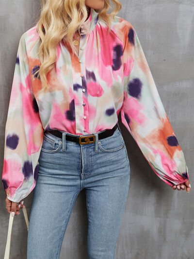 Printed Mock Neck Balloon Sleeve Shirt