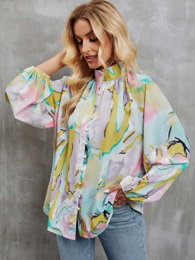 Printed Mock Neck Balloon Sleeve Shirt