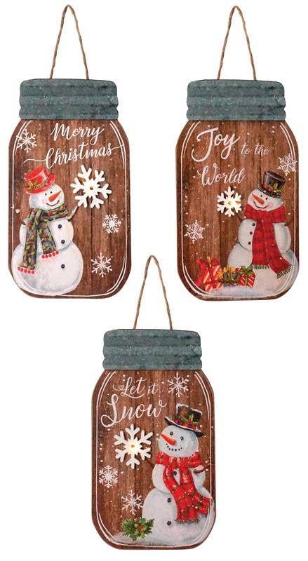 Bright Ideas Christmas Collection - 3 Asst Wooden Snowman Mason Jar Ornament W/led Light